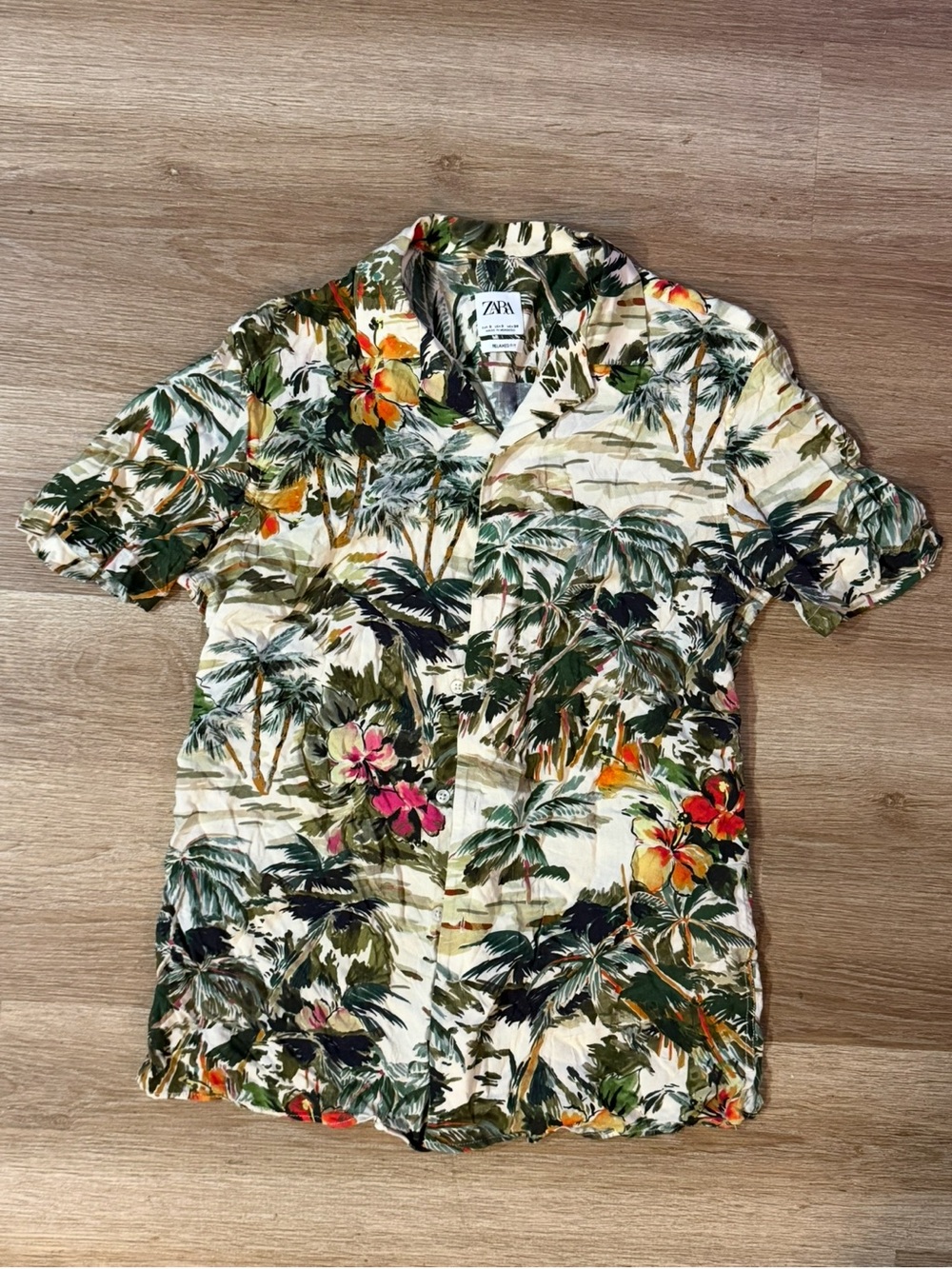 Zara Men Tropical Print Short-Sleeve Shirt - Green/Beige